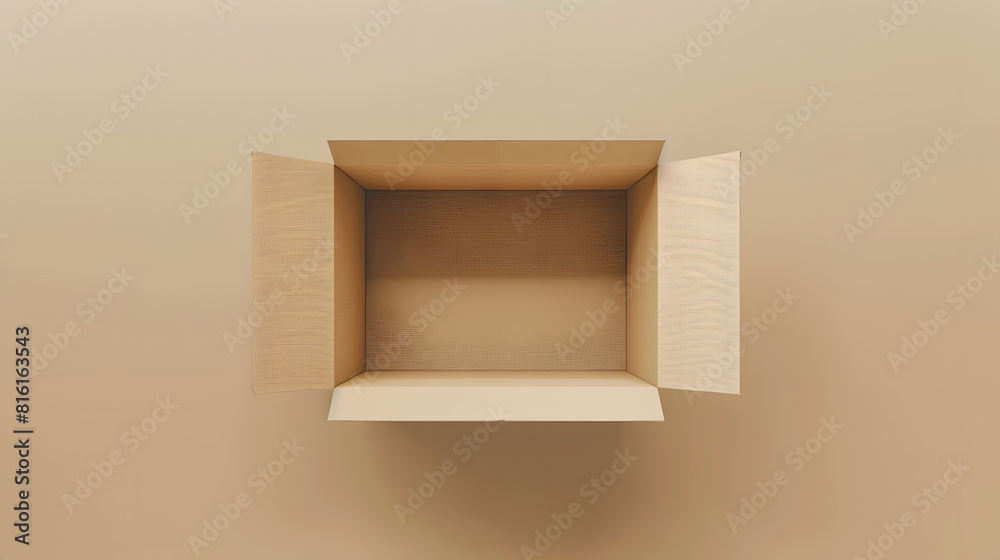 Poster open beige box top view brown pack mockup delivery service and warehouse object realistic empty cart