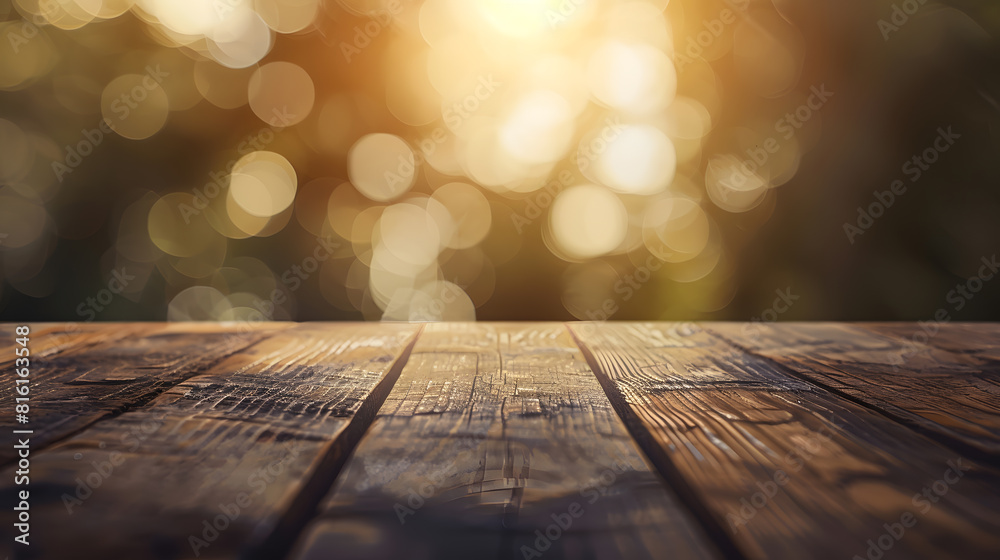 Poster abstract background from wooden table top with blurred nature : generative ai