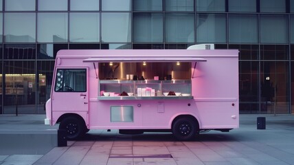 vibrant food truck adorned with neon lights, set against a beautiful sunset, offering a variety of gourmet street food