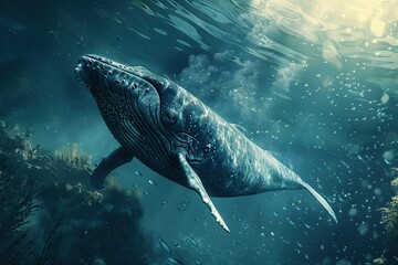 Fototapeta premium Big whale swims in underwater world