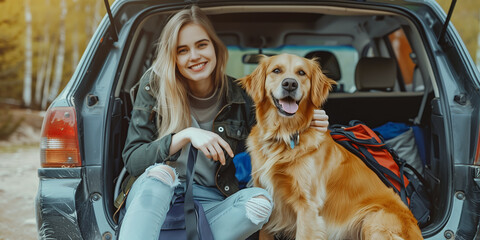 Beautiful young female traveler and her dog sitting in open car trunk ready to go on a trip. Adventurous young woman with a pet. Hiking and trekking on a nature trail.