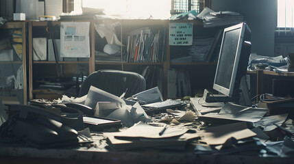 Messy abandoned office after company shut down the desk is cluttered and dusty financial crisis concept : Generative AI
