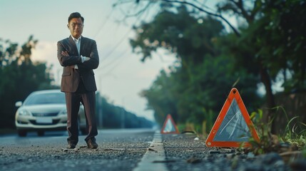 Asian businessman standing by broken car with warning triangle and calling for help. Man waiting...