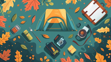 A drawing of a tent and other camping gear with leaves on the ground