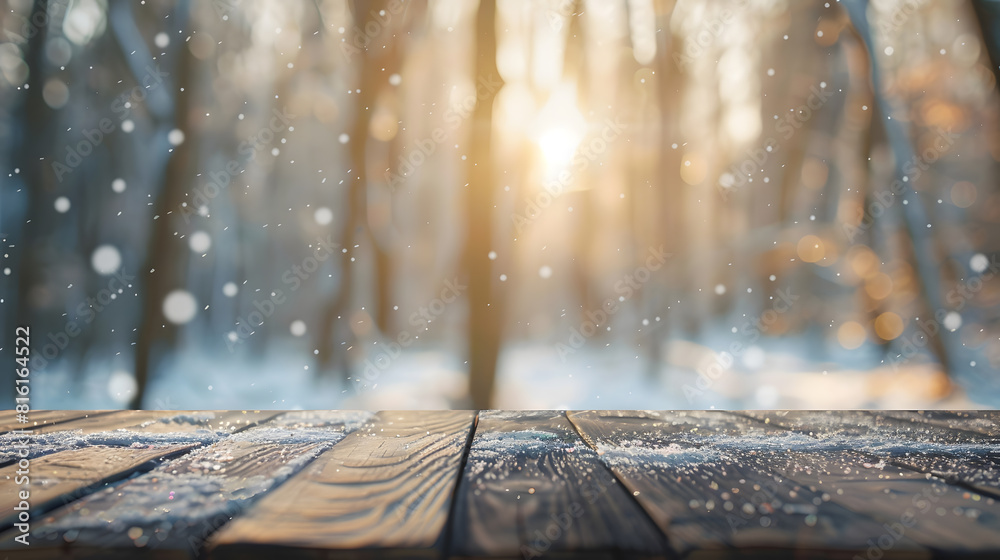 Poster vintage winter background empty wooden table blurry forest snow sunshine and bookeh effect : generat