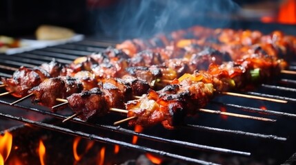 Skewered meat and vegetables cooking on an open fire grill, with smoke and flames enhancing the...