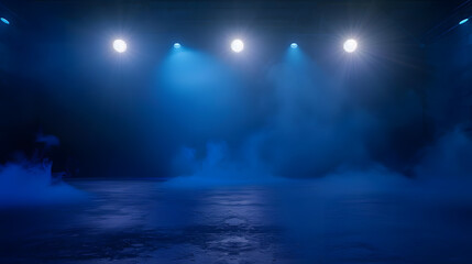 Fototapeta premium A dark empty street dark blue background an empty dark scene neon light spotlights The asphalt floor and studio room with smoke float up the interior texture night view : Generative AI