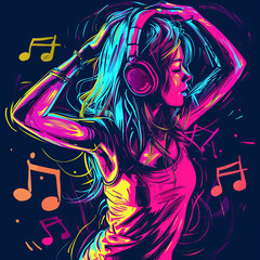 Beautiful girl listening to music with headphones and dancing. Vector illustration.