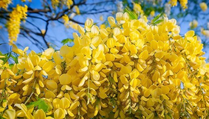laburnum yellow shrub yellow bean tree yellow flowering bush beautiful nature background in blue and yellow colors blooming spring trees and bushes