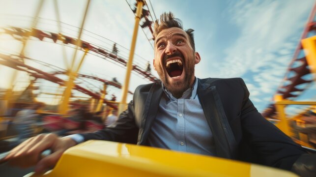 Businessman ride fast pace on roller coaster in amusement park. Frightened entrepreneur facing business setbacks, illustrating the emotional rollercoaster of entrepreneurship. hyper realistic 