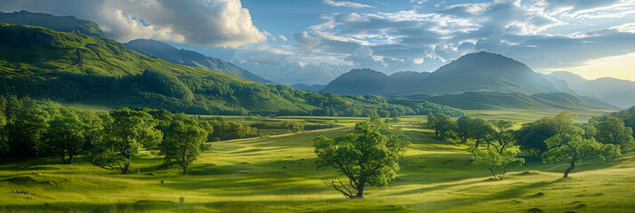 Serene Panoramic Landscape of Lush Green Valley with Rolling Hills and Majestic Mountains