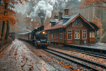 Obraz premium Vintage Steam Train Passing Autumnal Forest Train Station with Falling Leaves and Wooden Cabin