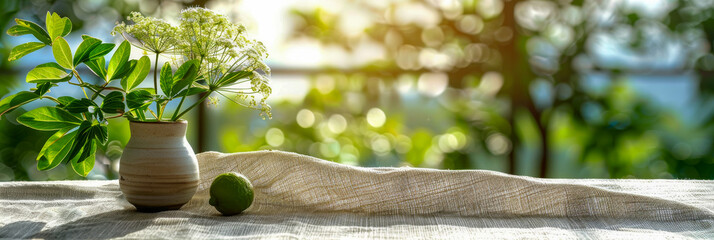 Cozy Summer Morning Green Leaves in Ceramic Vase on Linen Cloth with Lime and Sunlight