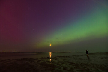 A person looks in awe at the colorful Northern Lights over the North Sea