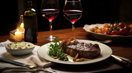 An elegant dinner setting featuring a succulent steak, red wine, candles, and refined side dishes set for a sophisticated dining experience