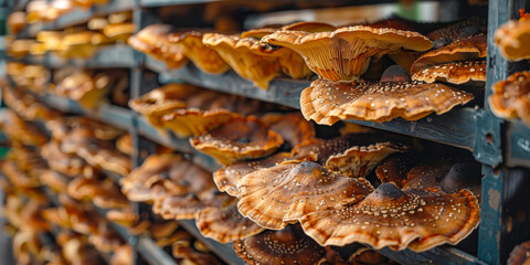 Close Up of Shiitake Mushrooms Growing on Shelves in an Indoor Farm