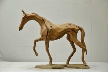Masterfully crafted wooden sculpture of a horse captured against a clean, white backdrop