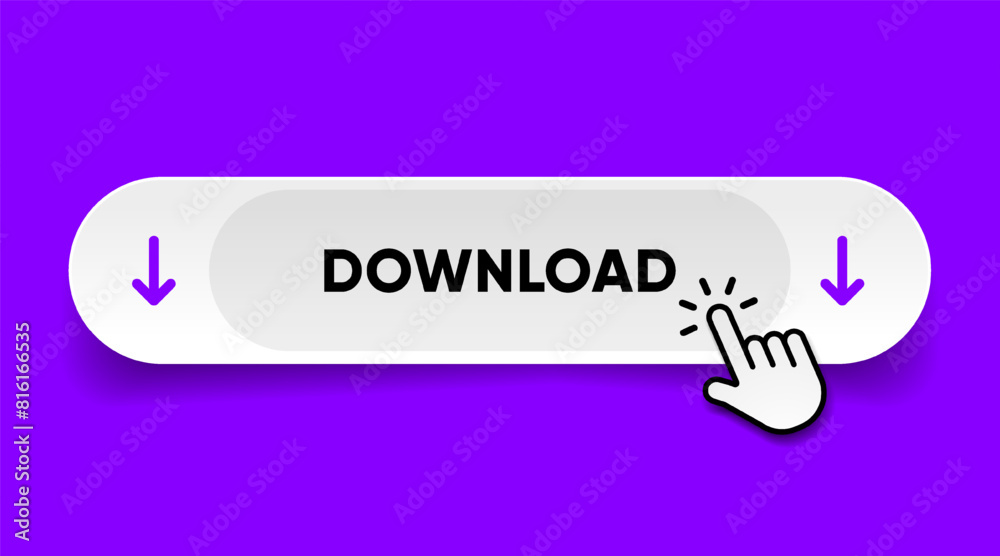 Aufkleber 3D download button icon. Upload icon. Down arrow bottom side symbol. Click here button. Save cloud icon push button for UI UX, website, mobile application.
