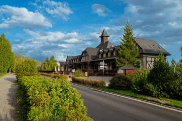 2023-10-12; wooden houses at popular ski resort in Tatranska Lomnica,