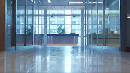 Fototapeta premium Empty office hall with glass walls and doors Reception desk and corridor : Generative AI