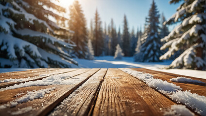 Empty wooden board, snow, Christmas tree sunlight