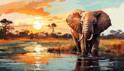 Elephant flat design side view watering hole scene theme water color Colored pastel