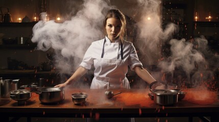 A confident chef stands with her arms spread among billowing steam, displaying power and control in a professional kitchen setting