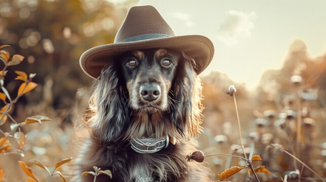 A dog dressed as a cowboy, standing in an autumnal setting with its face blurred for anonymity