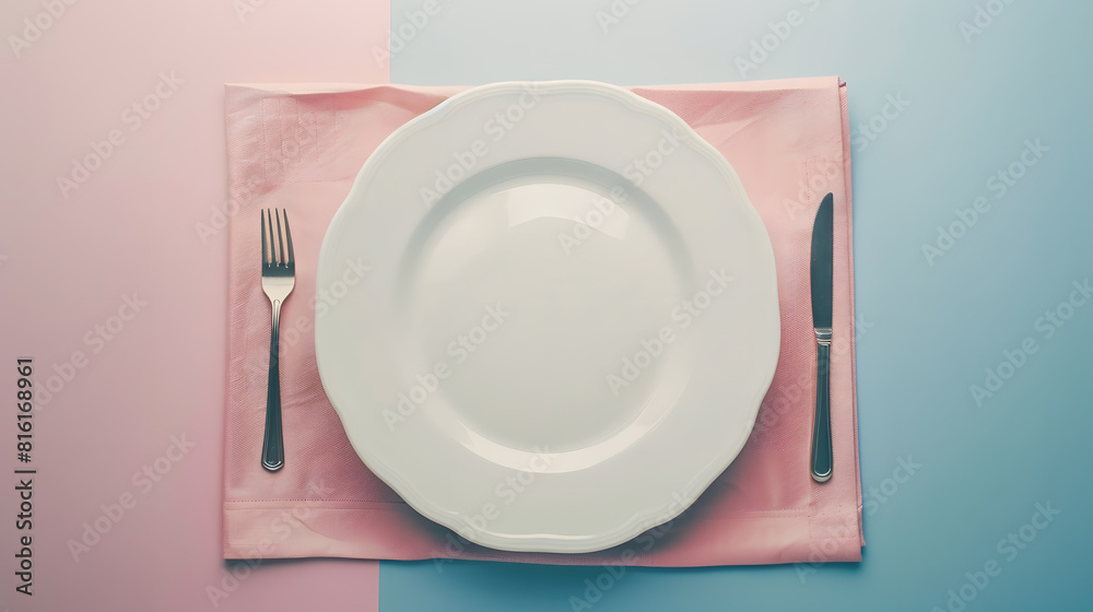 Aufkleber Top view on colored background empty round white plate on tablecloth for food Empty dish on napkin with space for your design : Generative AI