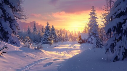 Illustration of a winter landscape covered in snow with glowing light hyper realistic 