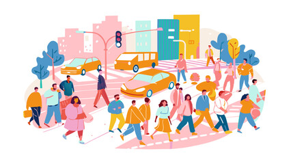 Fototapeta premium Colorful Urban Life: Pedestrians and Traffic in Busy Cityscape