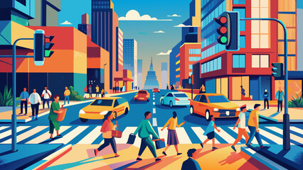 Vibrant City Intersection with Pedestrians and Traffic