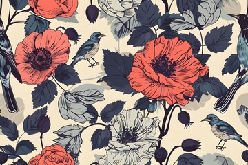 
Wide vintage seamless background pattern. Rose, poppy, wild flowers with nightingales and leaf. Abstract,