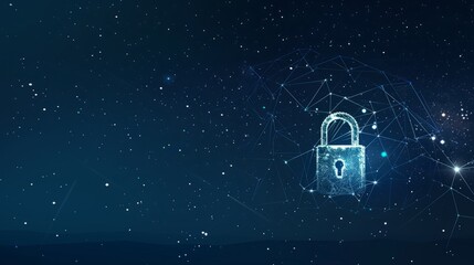 Lock. Polygonal wireframe mesh looks like constellation on dark blue night sky with dots and stars. Security, safe, privacy or other concept illustration or background hyper realistic 