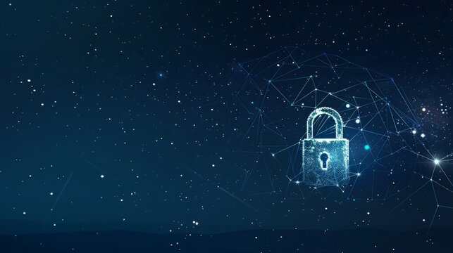 Lock. Polygonal wireframe mesh looks like constellation on dark blue night sky with dots and stars. Security, safe, privacy or other concept illustration or background hyper realistic 