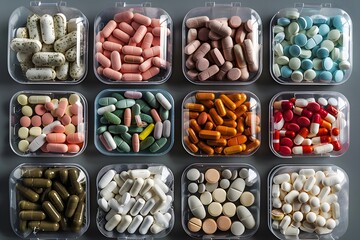 Close up of assorted pills in containers