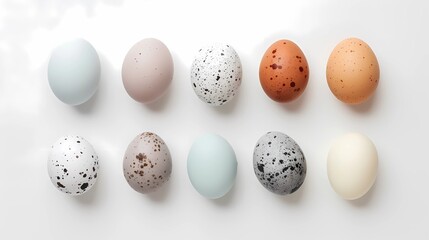 Easter eggs on a white background,Top view, flat lay, Generative AI illustrations.
