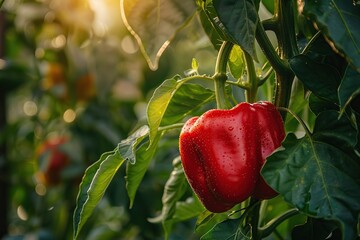 Ripe red pepper hanging on tree with sunshine - Powered by Adobe