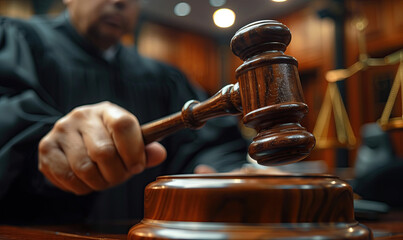 A gavel in the hand of a judge against the background of a courtroom. Symbols of law and justice.