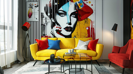 Art Home. Pop art Interior. Modern living room with yellow sofa and painting