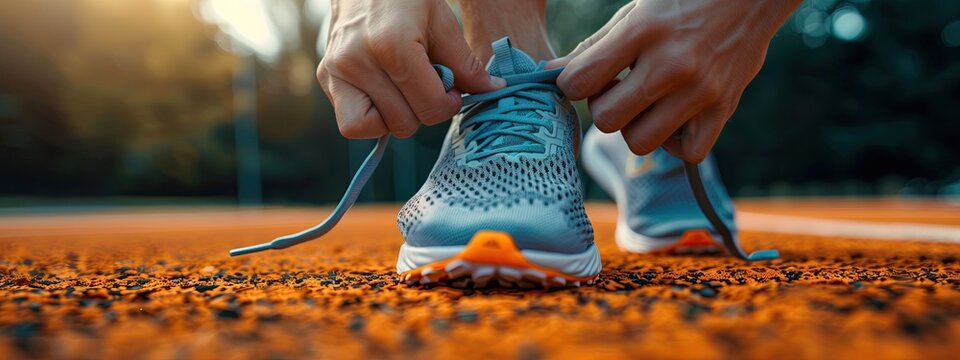 Running footwear close up. Male athlete tying sport shoes laces before training.
