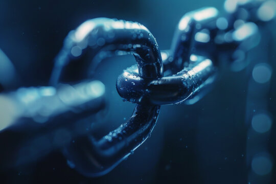 A close up of a chain with water drops on it