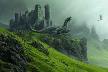 Obraz premium Dramatic fantasy landscape with a dragon in front of a majestic castle amidst misty mountains