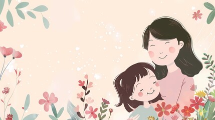 Mother's day greeting card with her daughter and flowers, Generative AI illustrations.