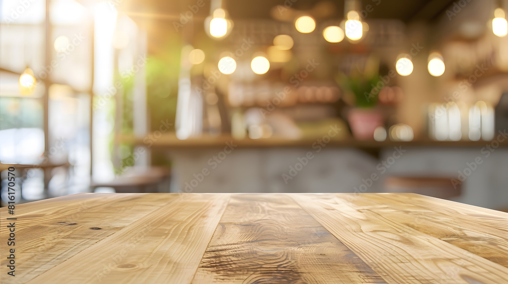 Poster Wooden board empty Table Top And Blur Interior over blur in coffee shop Background Mock up for display of product : Generative AI