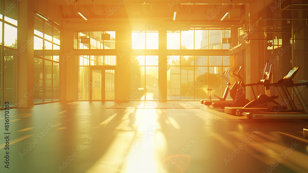 Poster sunshine fitness and empty gym for exercise workout and training sunlight room and a club for sports