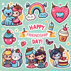 Text Happy Friendship Day Celebration with Cute Sticker set Collection created with generative ai.