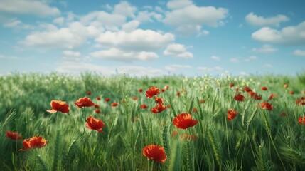 Fototapeta premium Red poppies in a green wheat field. Poppy plants. hyper realistic 