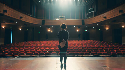 Female inspirational speaker with notebook practicing on stage in empty auditorium : Generative AI