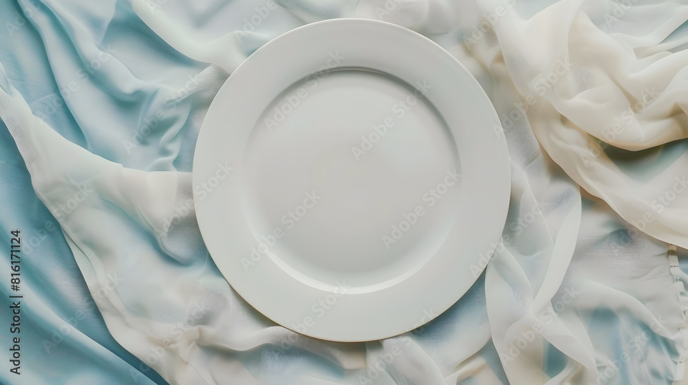 Leinwandbilder Top view on colored background empty round white plate on tablecloth for food Empty dish on napkin with space for your design : Generative AI